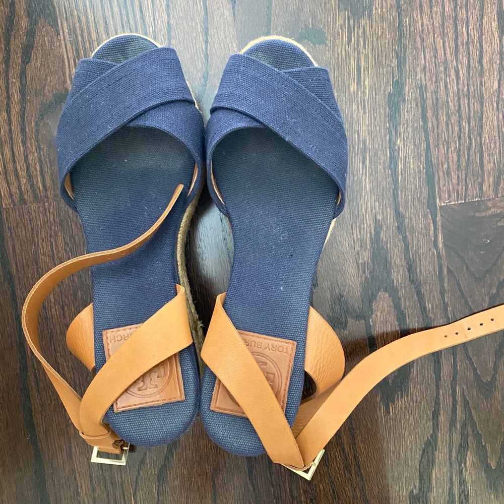 Tory Burch Navy and Tan Espadrilles